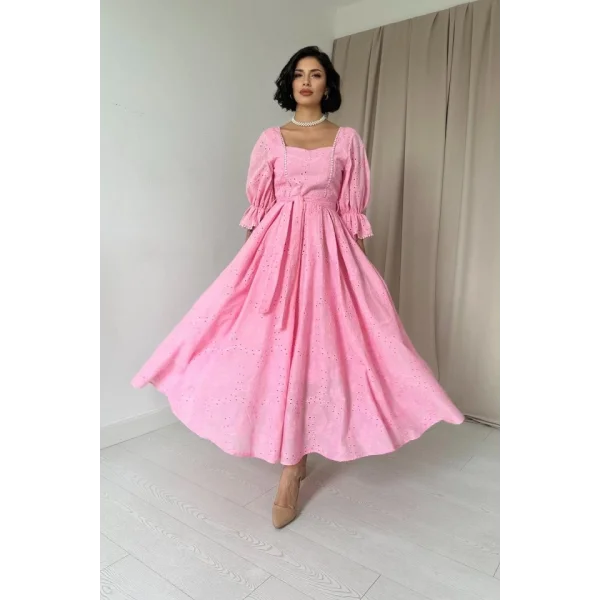 Pembe Kolu Lastikli Brode Elbise