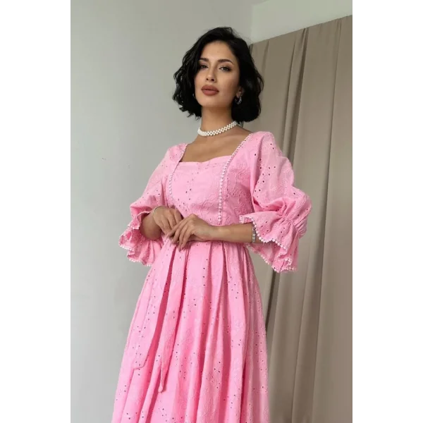 Pembe Kolu Lastikli Brode Elbise