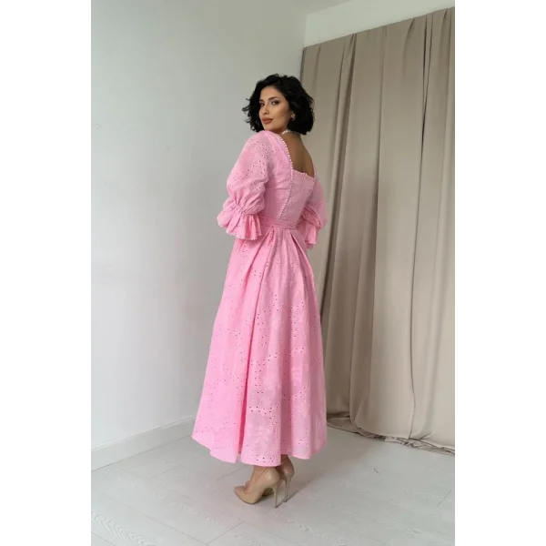 Pembe Kolu Lastikli Brode Elbise