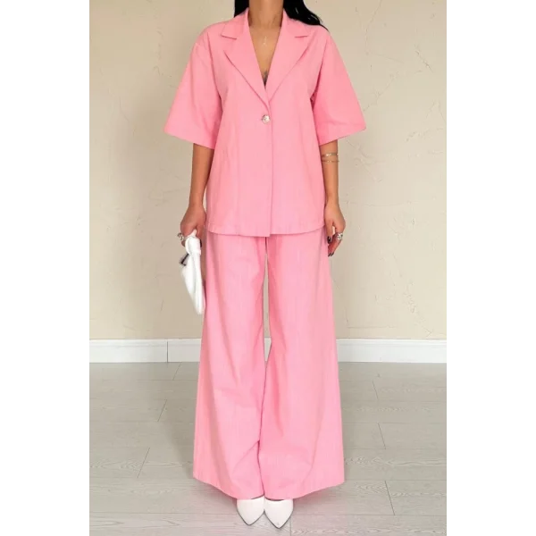 Pembe Önü Tek Düğmeli Ceket Pantolon Takım