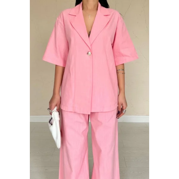Pembe Önü Tek Düğmeli Ceket Pantolon Takım