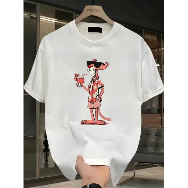 Pembe Panter Baskılı Erkek Oversize Günlük Kısa Kollu Tişört İlkbahar ve Yaz için Mükemmeldir - Beyaz