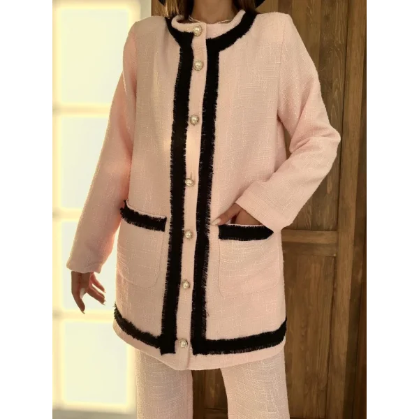 Pembe Siyah Şeritli Yakasız Ceket Ve Pantolon Takım