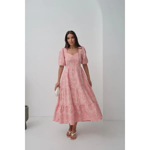 Pembe Süs Düğmeli Balon Kollu Elbise