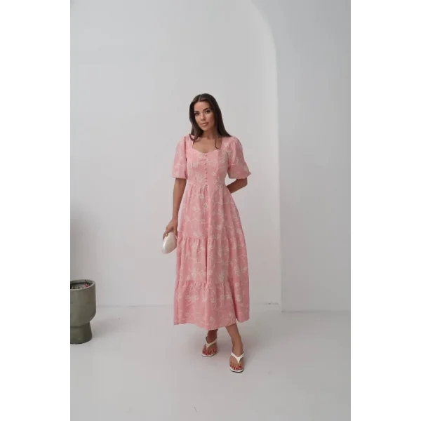 Pembe Süs Düğmeli Balon Kollu Elbise