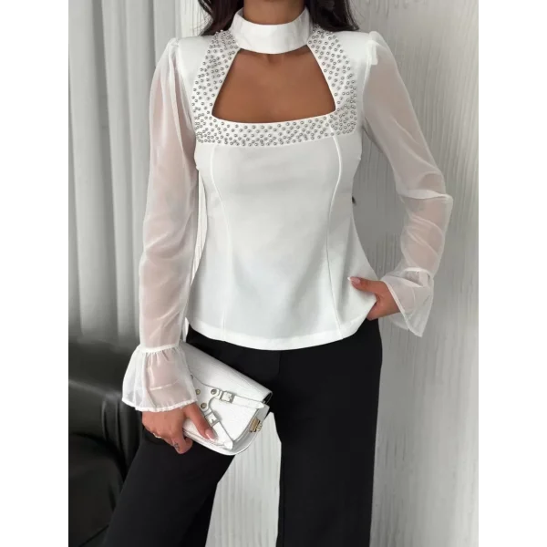 Penye Uzun Kollu Kadın Kolları Şifon Göğüste İnci Boncuk detaylı Bluz - Beyaz