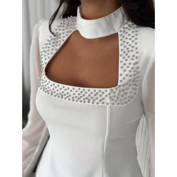 Penye Uzun Kollu Kadın Kolları Şifon Göğüste İnci Boncuk detaylı Bluz - Beyaz