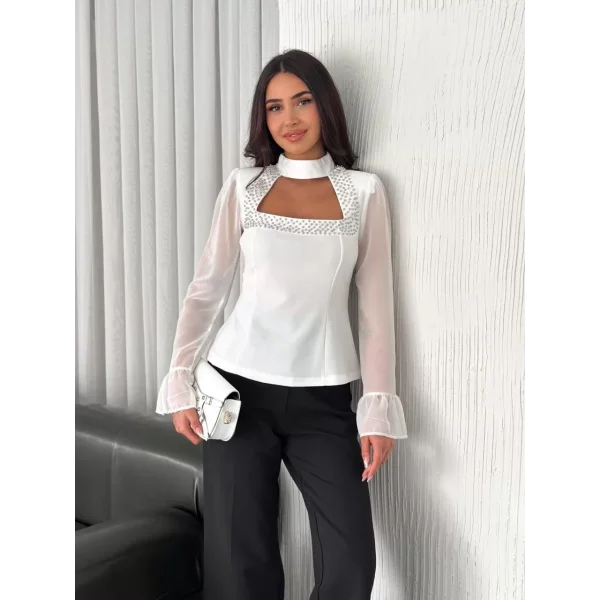 Penye Uzun Kollu Kadın Kolları Şifon Göğüste İnci Boncuk detaylı Bluz - Beyaz