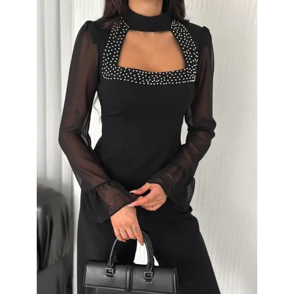 Penye Uzun Kollu Kadın Kolları Şifon Göğüste İnci Boncuk detaylı Bluz - Siyah