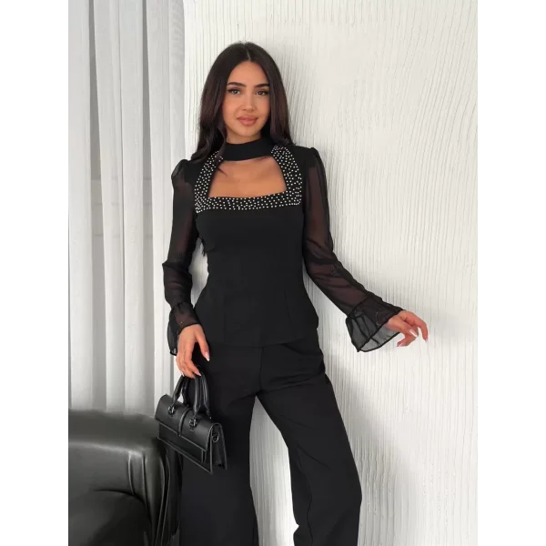 Penye Uzun Kollu Kadın Kolları Şifon Göğüste İnci Boncuk detaylı Bluz - Siyah