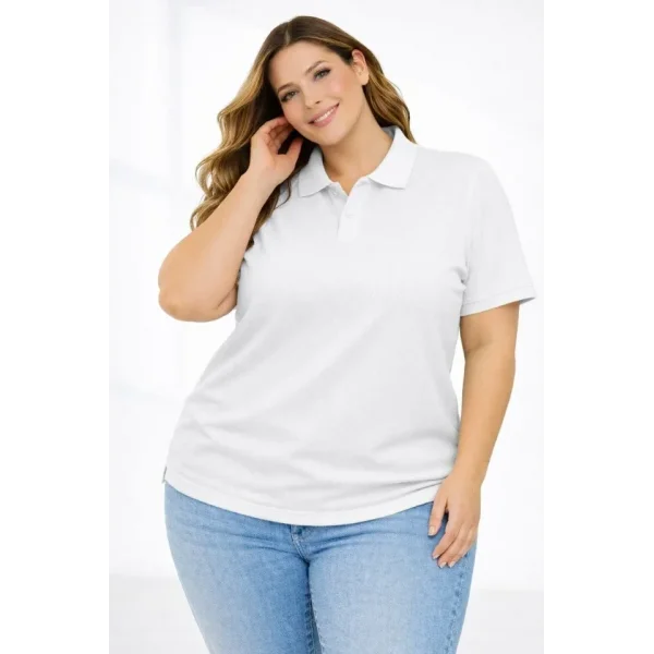 Pike Kumaş Düğmeli Yaka Battal Büyük Beden Günlük Kısa Kol Tişört T-shirt - Beyaz