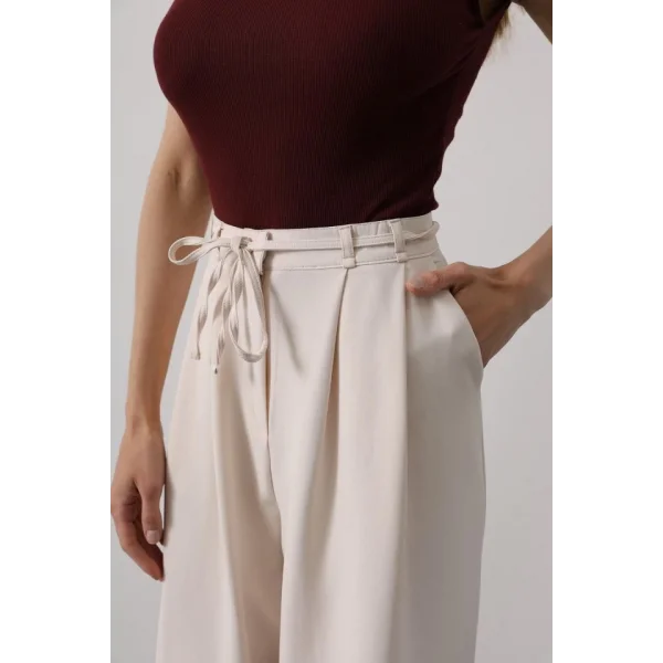 Pileli Bağcıklı Oversize Pantolon - Bej