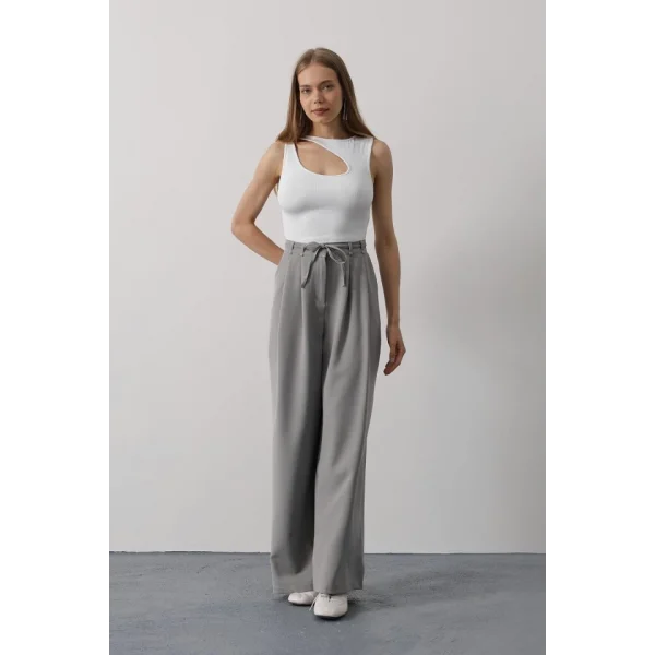 Pileli Bağcıklı Oversize Pantolon - Gri