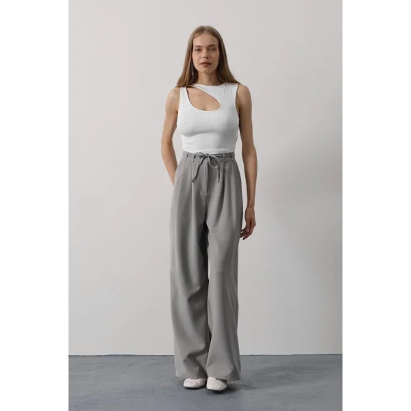 Pileli Bağcıklı Oversize Pantolon - Gri