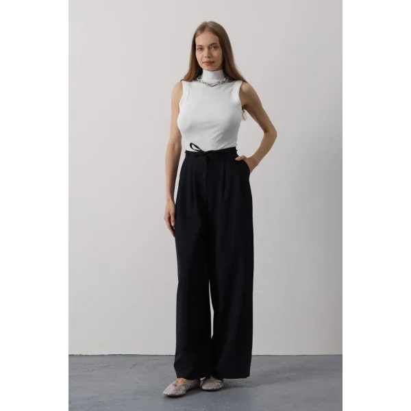 Pileli Bağcıklı Oversize Pantolon - Lacivert