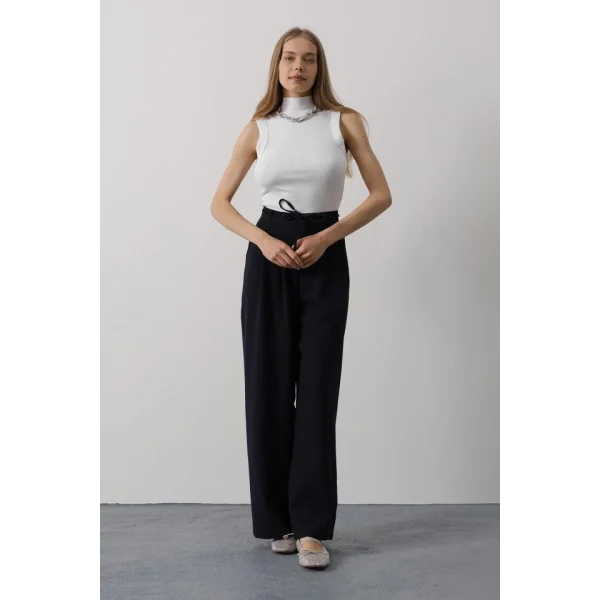 Pileli Bağcıklı Oversize Pantolon - Lacivert