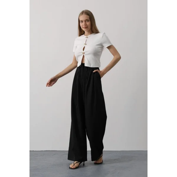 Pileli Bağcıklı Oversize Pantolon - Siyah