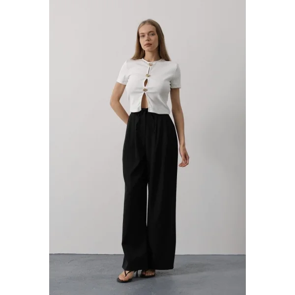 Pileli Bağcıklı Oversize Pantolon - Siyah