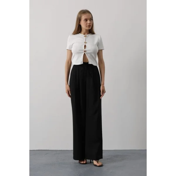 Pileli Bağcıklı Oversize Pantolon - Siyah