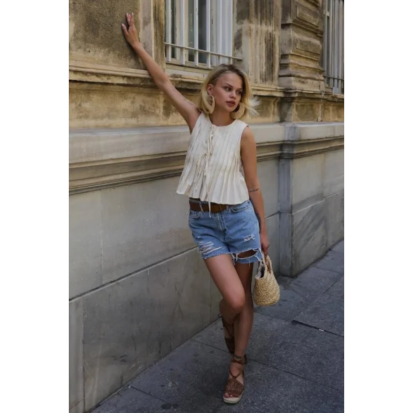 Pileli Bağlamlı Bluz - Natür