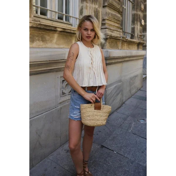 Pileli Bağlamlı Bluz - Natür