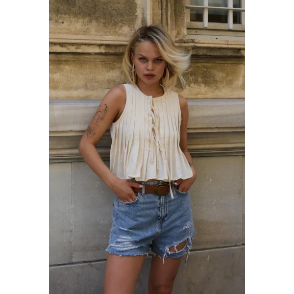 Pileli Bağlamlı Bluz - Natür