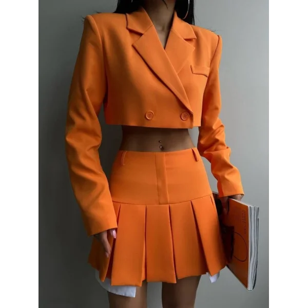 Pileli Etek Crop Ceket Takım