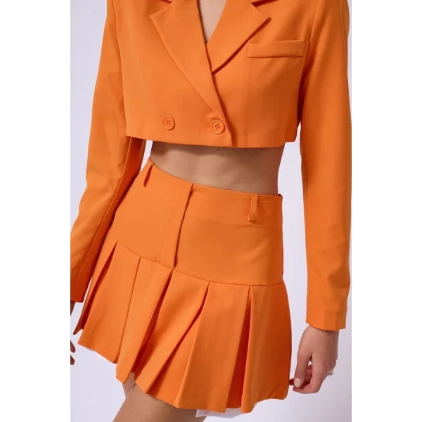 Pileli Etek Crop Ceket Takım