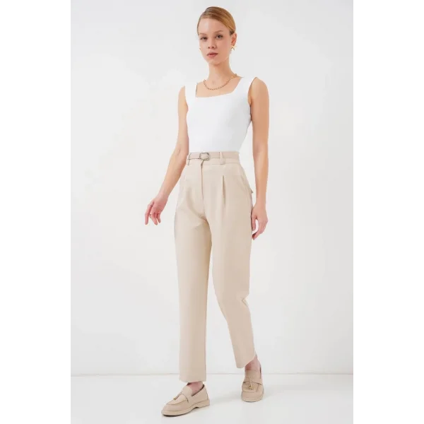 Pileli Kemerli Kumaş Pantolon 6725 - Krem