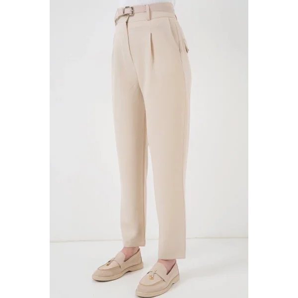 Pileli Kemerli Kumaş Pantolon 6725 - Krem