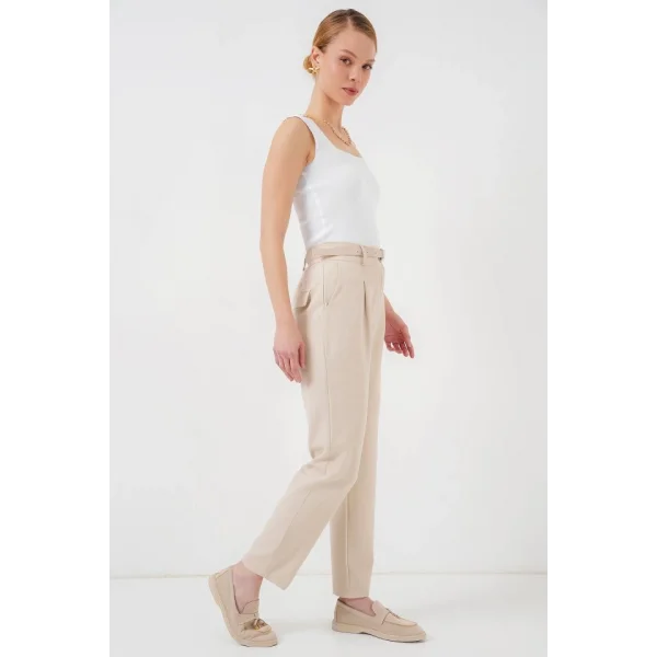 Pileli Kemerli Kumaş Pantolon 6725 - Krem