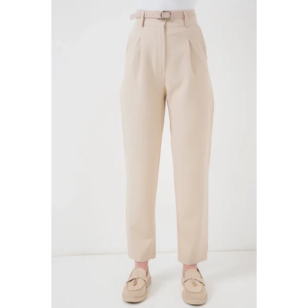 Pileli Kemerli Kumaş Pantolon 6725 - Krem