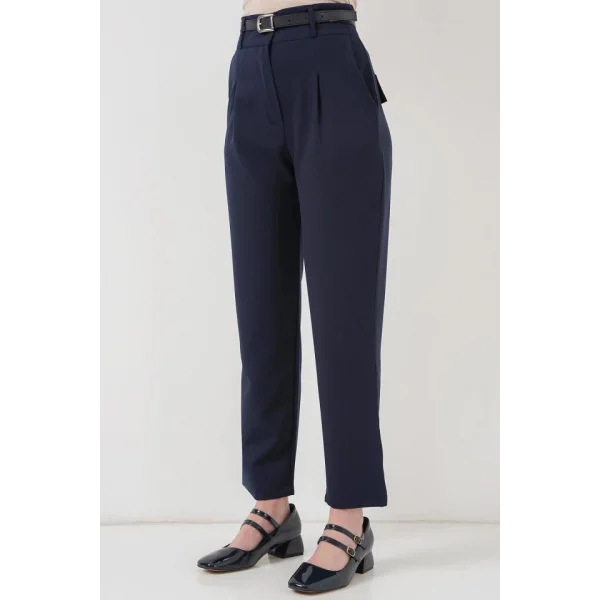 Pileli Kemerli Kumaş Pantolon 6725 - Lacivert