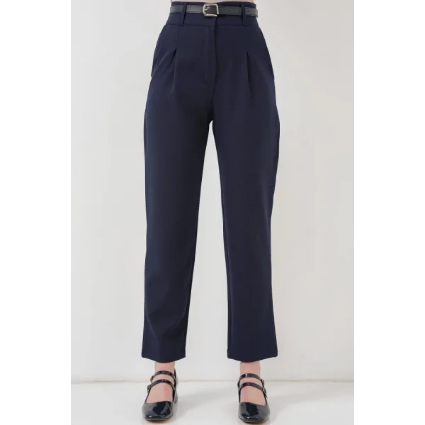 Pileli Kemerli Kumaş Pantolon 6725 - Lacivert