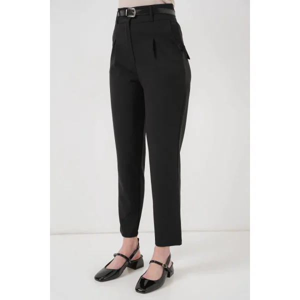 Pileli Kemerli Kumaş Pantolon 6725 - Siyah