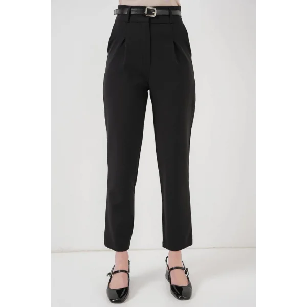 Pileli Kemerli Kumaş Pantolon 6725 - Siyah