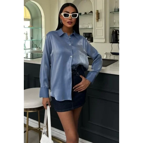 Pırıltılı Kumaş Premium Saten Gömlek 3464