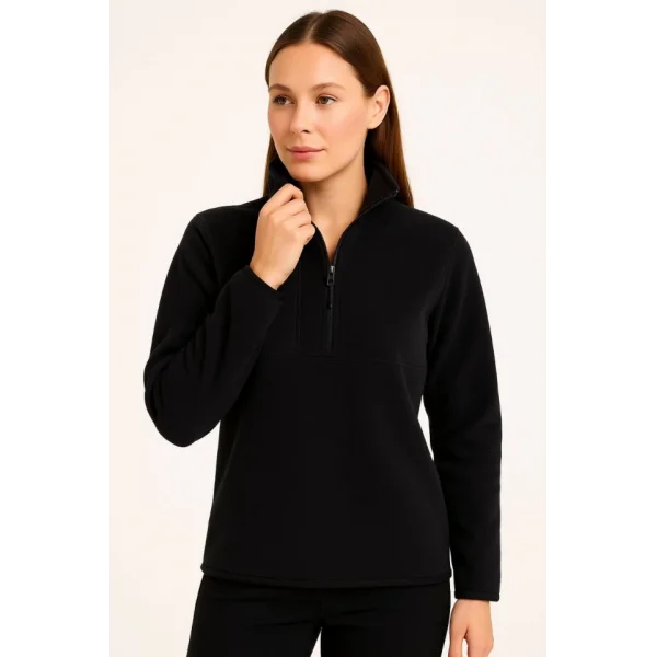 Polar Kazak – Dik Yaka, Yarım Fermuarlı, Fermuarlı Göğüs Cepli, Siyah Biyeli, Kışlık Rahat Regular Fit Günlük Model - Siyah