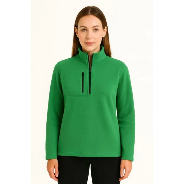 Polar Kazak – Dik Yaka, Yarım Fermuarlı, Fermuarlı Göğüs Cepli, Siyah Biyeli, Kışlık Rahat Regular Fit Günlük Model - Yeşil