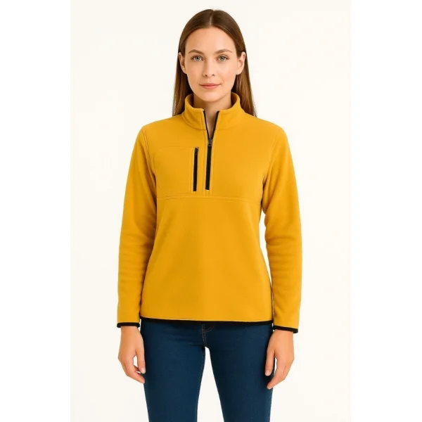 Polar Kazak – Dik Yaka, Yarım Fermuarlı, Fermuarlı Göğüs Cepli, Siyah Biyeli, Kışlık Rahat Regular Fit Günlük Model - Sarı