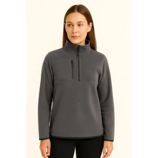 Polar Kazak – Dik Yaka, Yarım Fermuarlı, Fermuarlı Göğüs Cepli, Siyah Biyeli, Kışlık Rahat Regular Fit Günlük Model - Füme