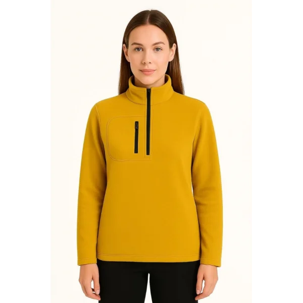 Polar Kazak – Dik Yaka, Yarım Fermuarlı, Fermuarlı Göğüs Cepli, Siyah Biyeli, Kışlık Rahat Regular Fit Günlük Model - Sarı