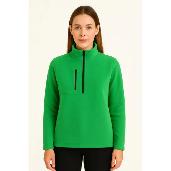 Polar Kazak – Dik Yaka, Yarım Fermuarlı, Fermuarlı Göğüs Cepli, Siyah Biyeli, Kışlık Rahat Regular Fit Günlük Model - Yeşil