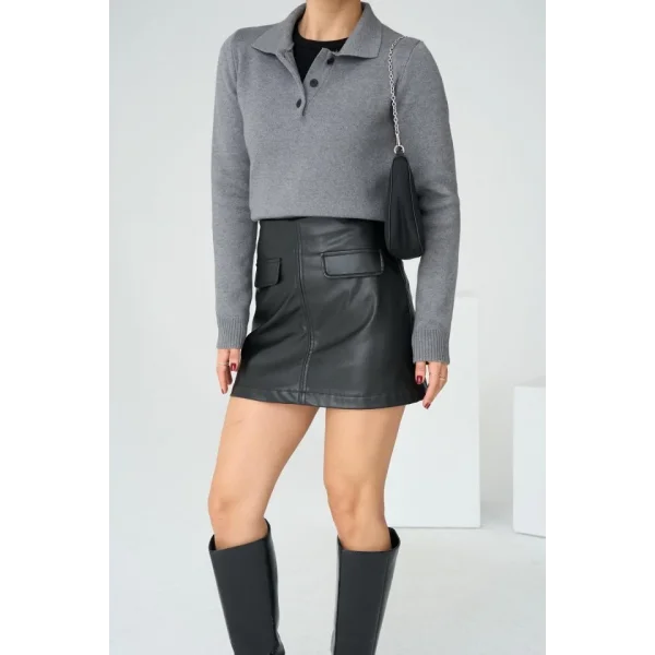 Polo Yaka 3 Düğmeli Kazak  Gri