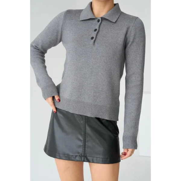 Polo Yaka 3 Düğmeli Kazak  Gri