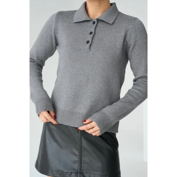Polo Yaka 3 Düğmeli Kazak  Gri
