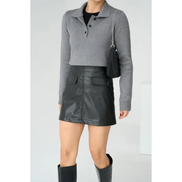 Polo Yaka 3 Düğmeli Kazak  Gri