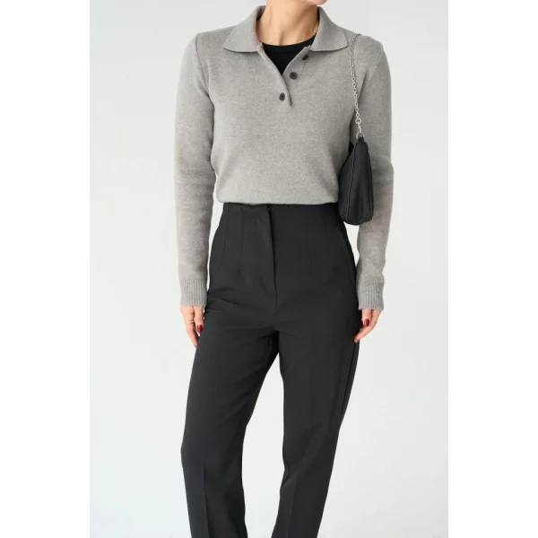 Polo Yaka 3 Düğmeli Kazak  Orta Gri