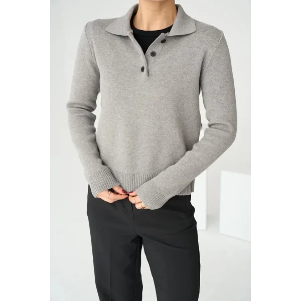Polo Yaka 3 Düğmeli Kazak  Orta Gri