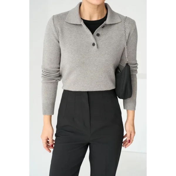 Polo Yaka 3 Düğmeli Kazak  Orta Gri